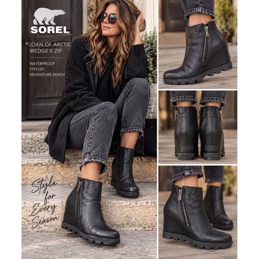Sorel Joan of Arctic Wedge II Zip Boots Women 8.5 Black Leather NL3364-010